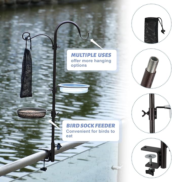Deck Bird Feeding Station | Premium Multi Feeder Hanging Kit with Bird Bath & Sock Feeder | Attracts Wild Birds, Planter Hanger Hook for Outdoor Deck, Patio, Garden-VerdiqueGarden