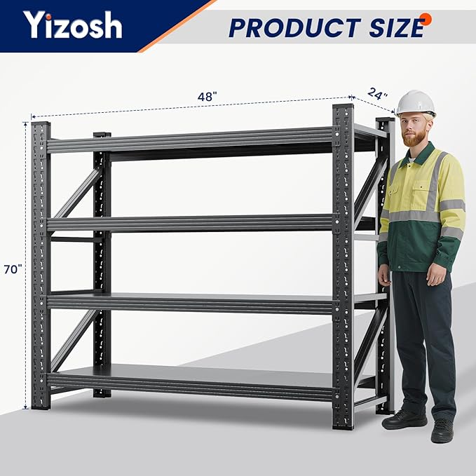 Yizosh 48" W Metal Garage Storage Shelves,Heavy Duty Adjustable Steel Organization Shelving,Utility Rack Shelf,48" W x 24" D x 69" H for Basement,Warehouse,Industrial-VerdiqueGarden
