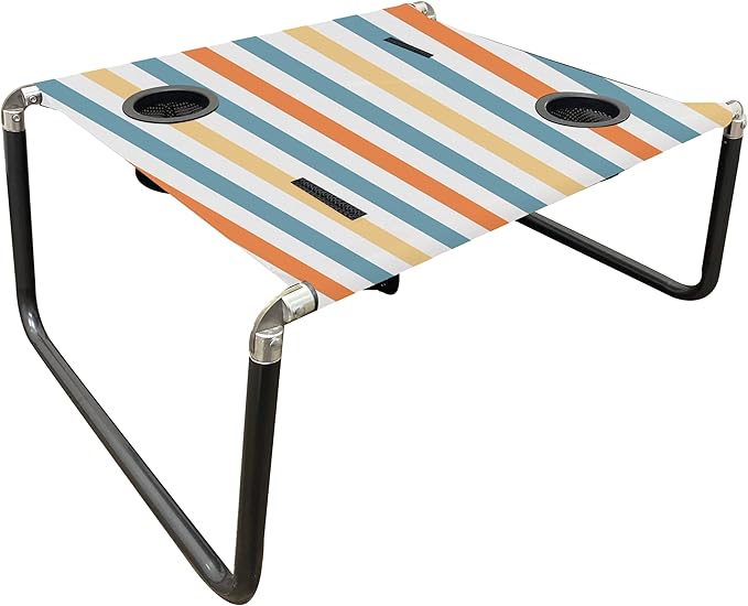 Neso Portable Beach Table with Cup Holders, Cell Phone Pockets, Lightweight for Picnics and Parks (Vintage Stripes)-VerdiqueGarden