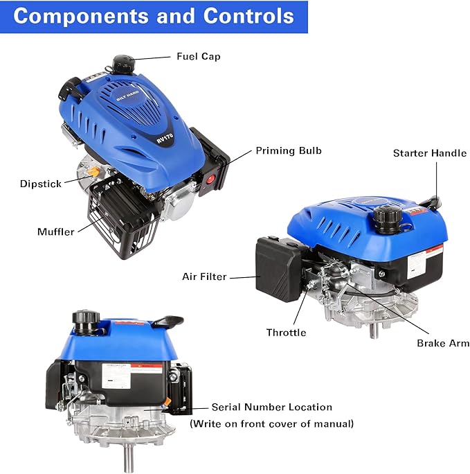 BILT HARD Gas Engine Vertical Shaft, 173cc 4.4 HP 4-Stroke Gas Motor, Replacement Engine for Lawn Mower, EPA & CARB Compliant-VerdiqueGarden