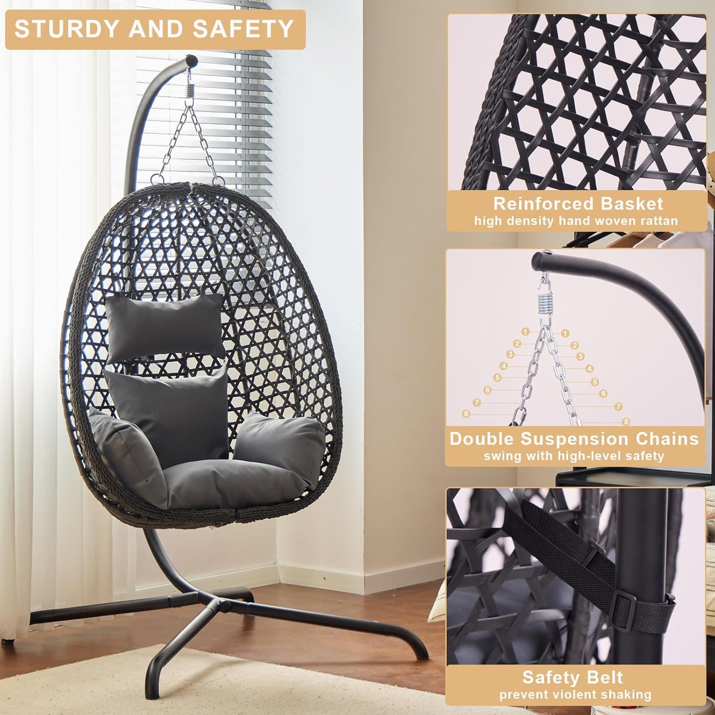 Indoor Hanging Chair with Stand for Bedroom, Hexagon Rattan Wicker Swing Egg Chair for Bedroom Porch Garden Patio Outdoor, Hammock Egg Swing Chair with Cushion,350LBS Capacity(Dark Grey)-VerdiqueGarden