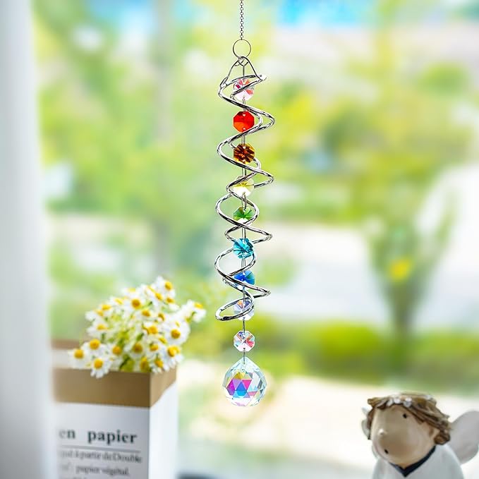 H&D HYALINE & DORA Sun Catchers for Windows,Crystal Sun Catcher with Seven Chakra Beads,Decorative Wind Spinner Tail Suncatcher for Indoor Christmas Decoration17.7in-VerdiqueGarden