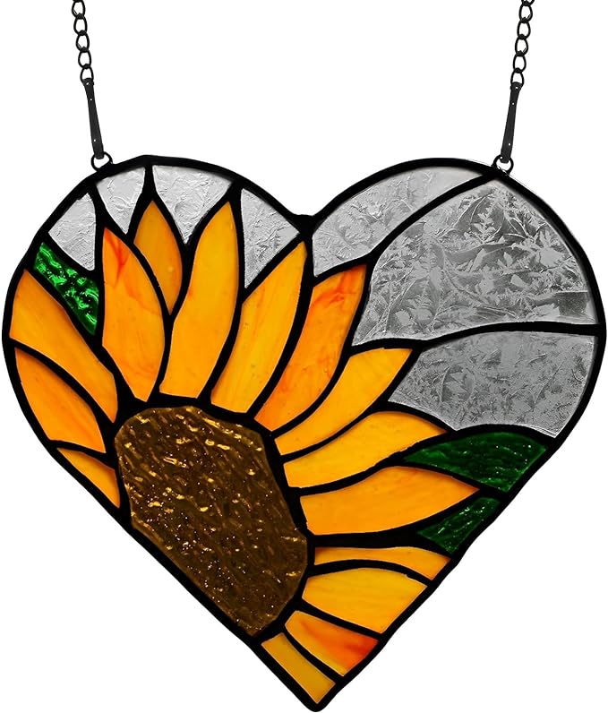 BOXCASA Sunflower Stained Glass Window Hangings,Sunflower Stained Glass Suncatcher,Heart Shape Sunflower Best Teacher Gifts for Women Birthday,Sunflower Decoration for Home Indoor Window-VerdiqueGarden