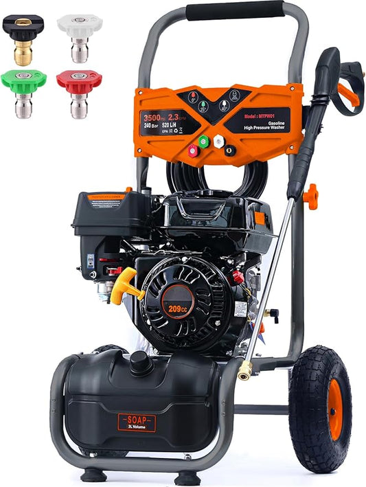 3500 PSI Gas Pressure Washer, 2.3 GPM Power Washer with 209CC Engine, Maintenance-Free Axial Cam Pump, 25FT Hose, 4 Nozzles for Driveways, Walls, Vehicles, Patio (Orange)-VerdiqueGarden