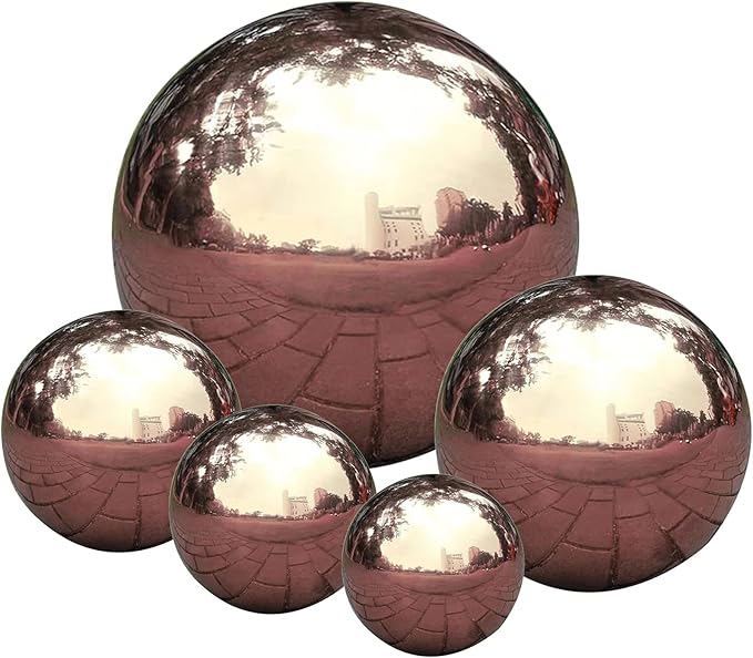 Nerien Gazing Ball, Stainless Steel Garden Mirror Globe, Polished Ornament Sphere, Hollow Floating Reflective Hemisphere, for Home Outdoor Pond Housewarming Swimming Pool Decoration, Rose Gold, 5Pcs-VerdiqueGarden