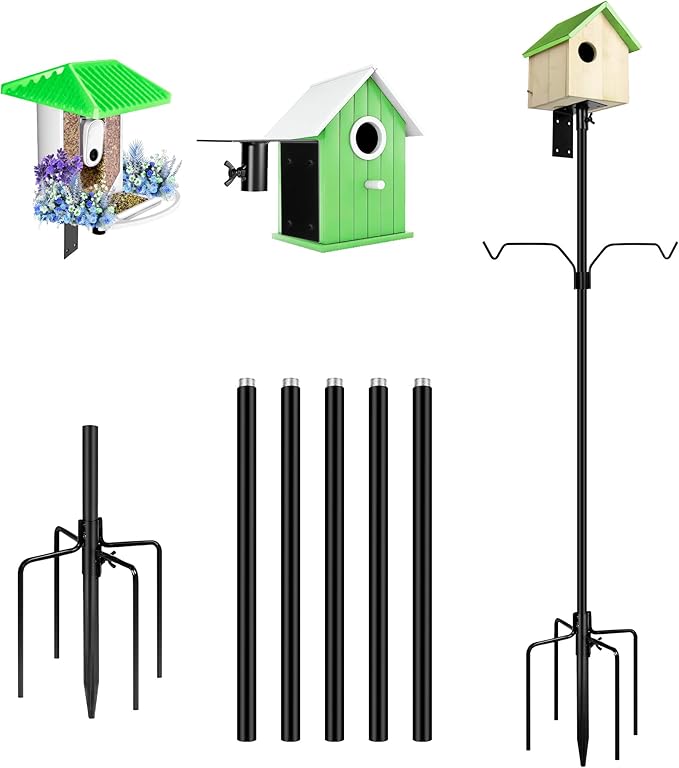 Bird House Pole, 95 Inch Heavy Duty Bird Feeder Pole Mount Kit for Outdoors, Adjustable Bird Feeding Stand, with 2-Hooks, 5-Prong Base for Birds Watching-VerdiqueGarden