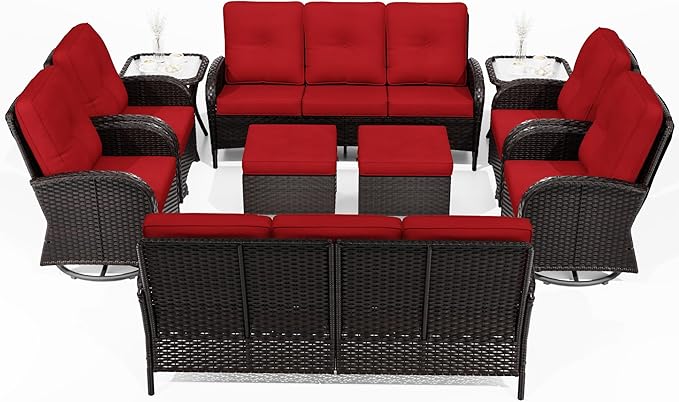Joyside 10 Piece Patio Furniture Set, Outdoor Wicker Conversation Sets with Swivel Rocker Chairs and Sofa, Thick Cushion, Rattan Patio Sectional for Porch, Deck Use (Brown/Red, 10 PCS)-VerdiqueGarden