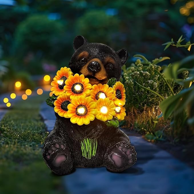 ILLUMINEW Solar Garden Lights Outdoor Statues Black Bear with Sunflowers, Sculpture Decor Mother Gifts for Women, Men or Daughter, Unique Garden Statues for Housewarming Gifts-VerdiqueGarden
