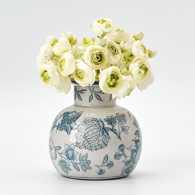 SIDUCAL Blue and White Vintage Vase | 6 Inch Ceramic Chinoiserie Floral | Retro Ice Cracked Blue and White Porcelain Vase for Table, Living Room, Bathroom Decoration, Wedding, Shelf Decor, Mantel-VerdiqueGarden