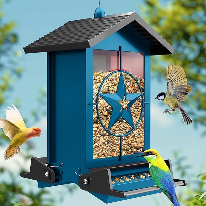 Squirrel Proof Bird Feeder for Outdoors Hanging, Metal Wild Bird Seed Feeder with Bilateral Weight-Activated Perches, 5LB Large Capacity Wild Bird Feeders for Outside Finch, Cardinal, Blue Jay-VerdiqueGarden