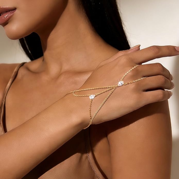 YOIHUR Champagne Gold Plated Hand Chains for Women, Adjustable Hand Chain Bracelet and Ring, Gold Hand Chain Bracelets Stack Jewellery Stars and Cubic Zirconia Hand Jewelry for Valentine's Day