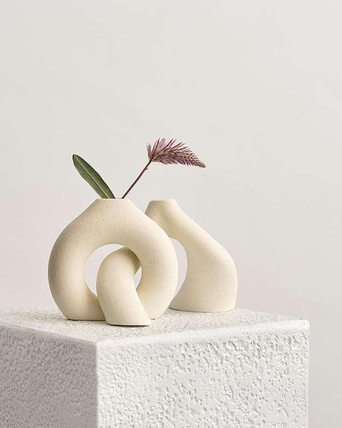 NOBULA White Ceramic Donut Vases – Modern Home Decor for Living Room, Bedroom & Table Centerpiece - Minimalist Nordic – Unique Vases for Olive Plant & Flowers – Decorative Coffee Table Vase Set of 2-VerdiqueGarden