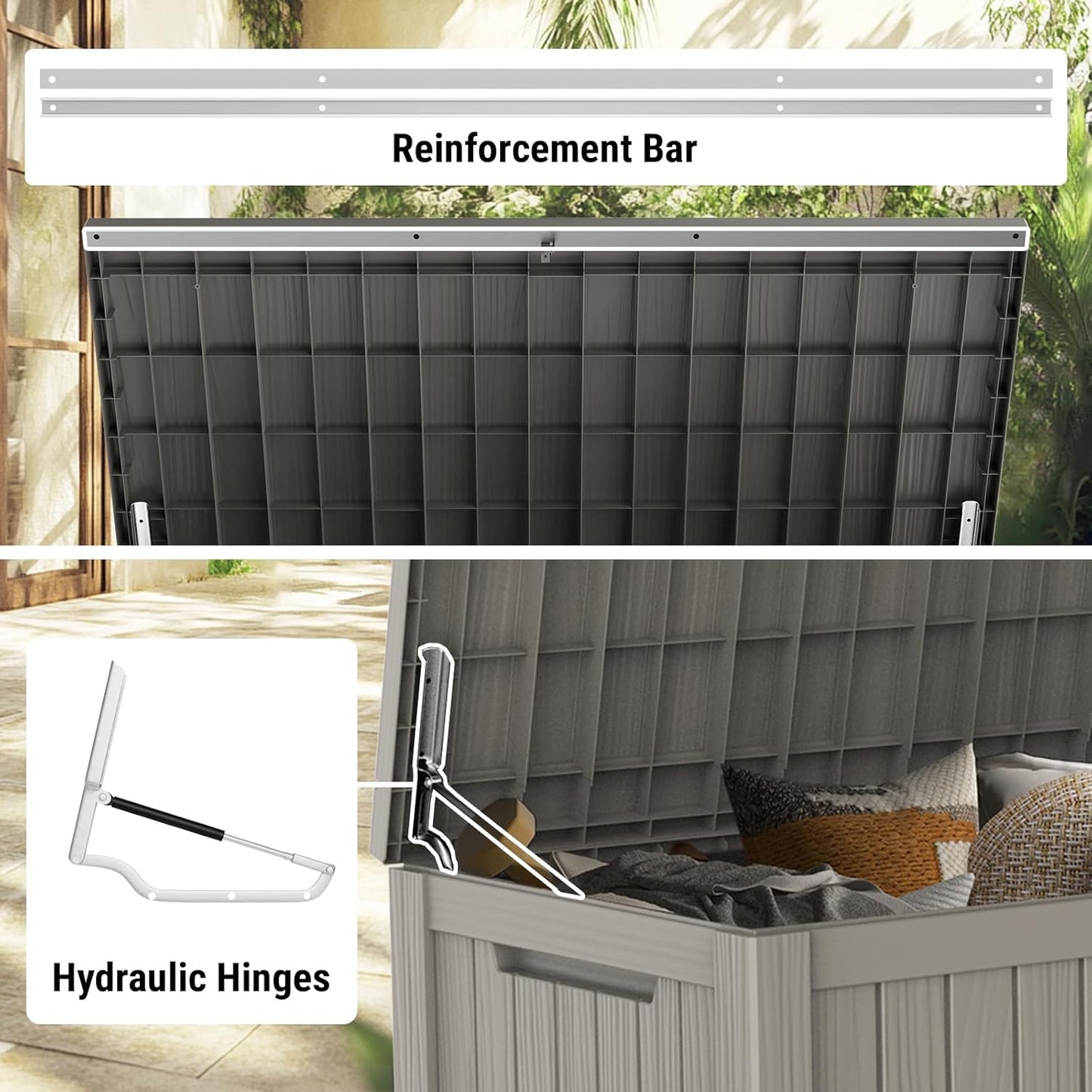 Mars Villa 180 Gallon Outdoor Storage Box Waterproof, Extra Large Resin Deck Box, Outside Storage Bin for Patio Furniture Cushion, Pool Supply, Sports Gear, UV Resistant and Weatherproof, Greige-VerdiqueGarden