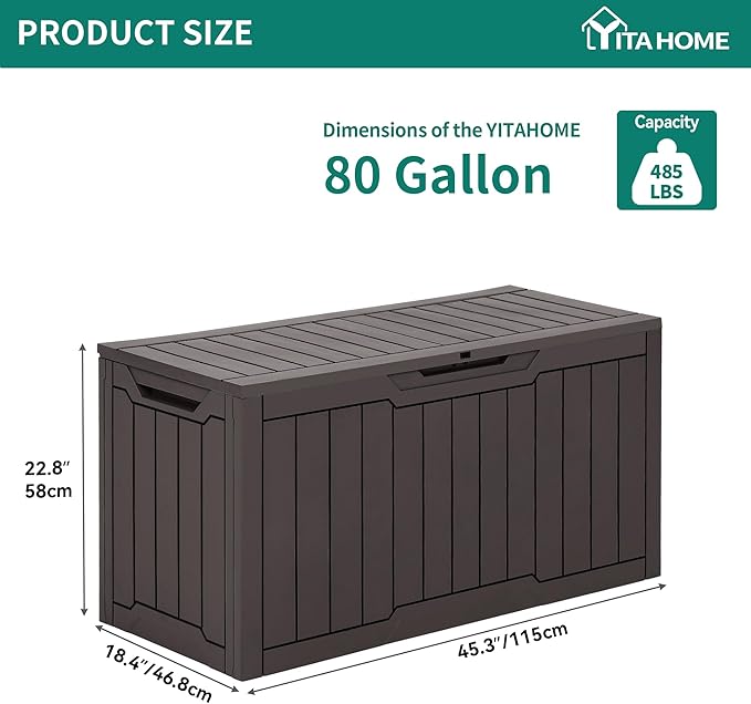 YITAHOME 80 Gallon Outdoor Storage Box, Large Water Resistant Resin Deck Box, Indoor Outdoor Lockable Storage Container for Patio, Garden, Cushions, Tools, Equipment (Dark Brown)-VerdiqueGarden