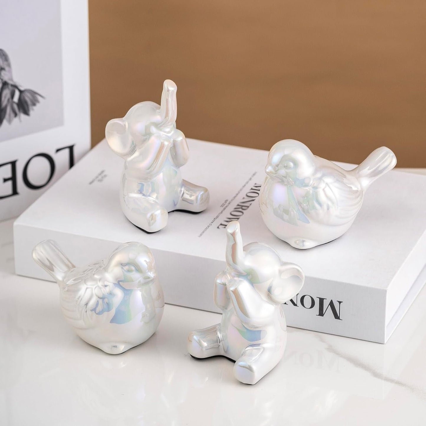 Colorful White Loving Pair of Small Elephant Statues Silver Home Decor Modern Boho Style Figurine Decorative Ornaments for Living Room, Bedroom, Office Desktop, Cabinets, Shelf-VerdiqueGarden