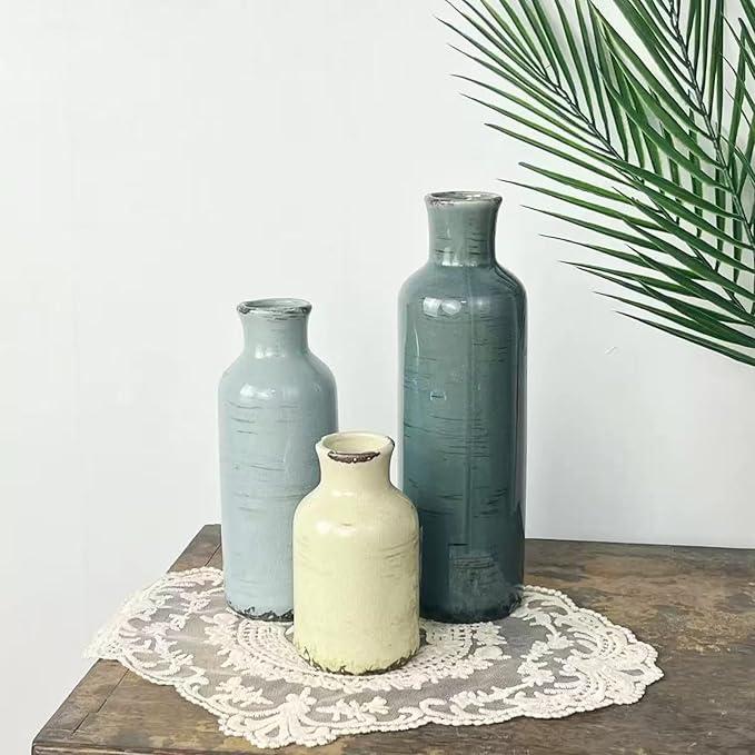 Ceramic Vase Set of 3,Small Rustic Vintage Decorative Vase for Home Decor,Modern Farmhouse Vases for Living Room,Table Shelf,Centerpieces,Fireplace and Entrance Decorative-Multicolor-VerdiqueGarden