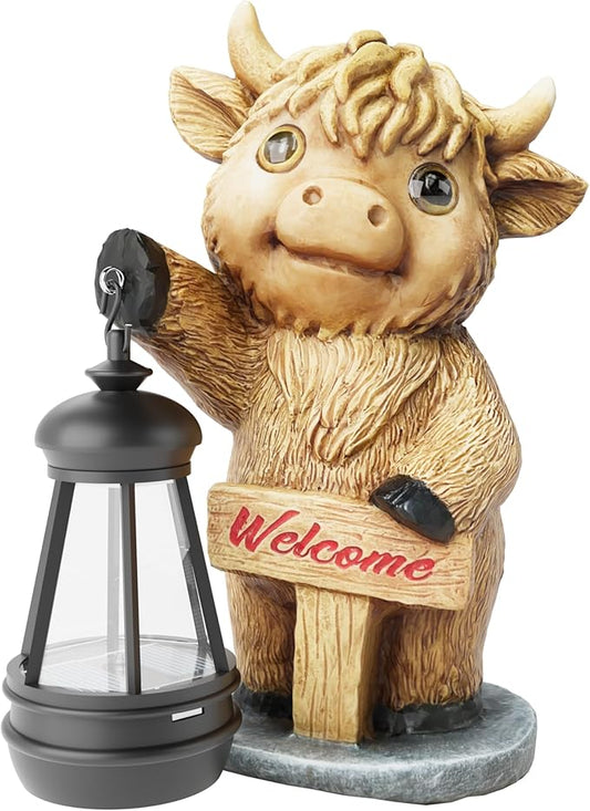Highland Cow Statues with Solar Lights, Highland Cow Resin Figurine Lights, Highland Cow Ornaments for Patio, Balcony, Indoor Decoration and as Gifts-VerdiqueGarden