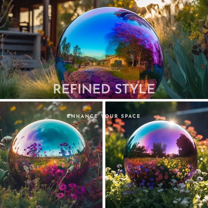 12 Inch Stainless Steel Gazing Globe,v2croft Hollow Ball Mirrored Surface Polished Shiny Sphere,Garden Stainless Steel Gazing Ball for Outdoor Lawn Pond Yard Ornament(rainbow)-VerdiqueGarden