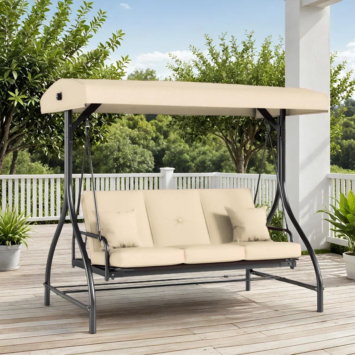 TLSUNNY 3-Seat Outdoor Patio Porch Swing with Adjustable Canopy & Backrest, Convertible Glider Bed with Stand, Removable Seat Cushion, 45° Tilt Adjustment for Backyard, Poolside, Balcony - 750LBS-VerdiqueGarden