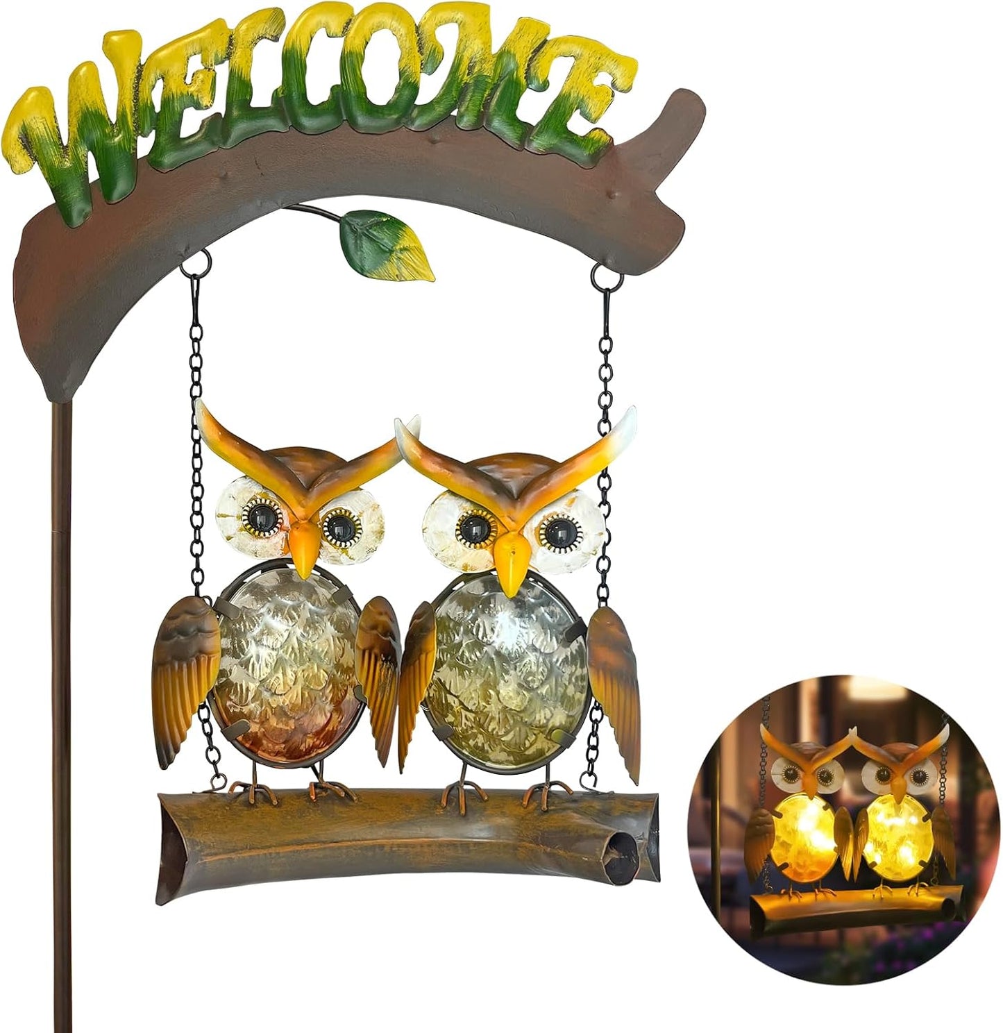 HONGLAND Solar Lights Outdoor Decor, Owl Swing Garden Decor, Owl Gifts for Women Mom, Whimsical Garden Lights Outdoor Decorations with Welcome Sign for Outside Patio Yard Lawn Decor-48inch-VerdiqueGarden