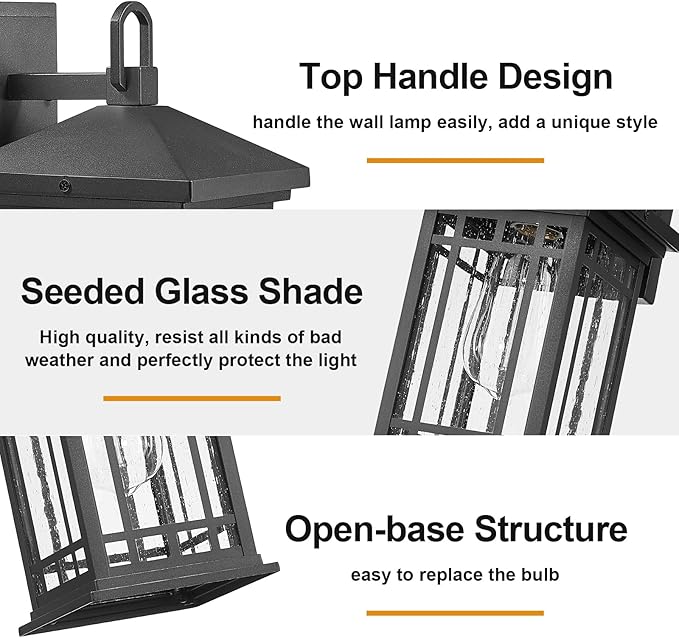 Outdoor Porch Lights Wall Mount, 12.4 Inch Outdoor Wall Lantern With E26 Sockets & Seeded Glass, Classic Exterior Lighting Fixtures, Waterproof Porch Light Fixtures For Garage (Bulbs Not Include)-VerdiqueGarden