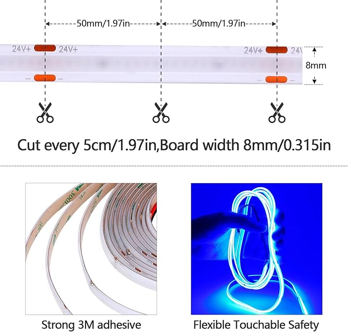 DC 24V COB LED Strip Light Blue IP65 Waterproof 5M/16.4ft Uniform Glow 2400LEDs Flexible LED Tape Lights for DIY Garden Backyard Corridor Stairs Decoration(No Power Supply)-VerdiqueGarden