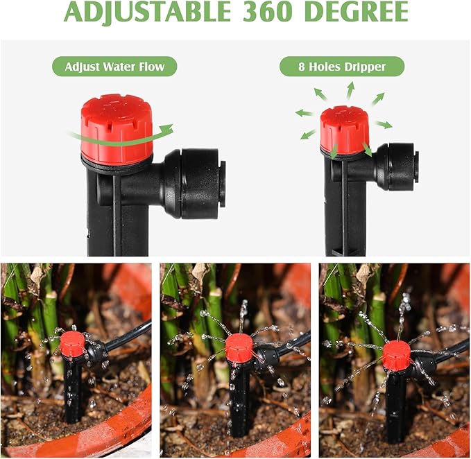 100 Pcs Drip Irrigation Emitters for 1/4'' Irrigation Tubing Adjustable Water Flow Drip Emitters with Stake Drip Irrigation System Irrigation Drippers with 360 Degree Sprayer for Garden Patio-VerdiqueGarden