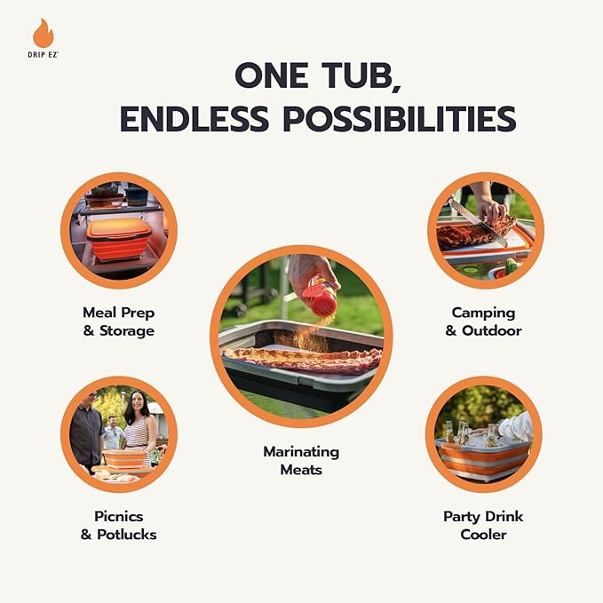 Drip EZ Collapsible BBQ Prep Tubs 3-Piece Set- For Meal Prep Marinating Food Storage - Includes Cutting Board & Lid - (1) JR - Orange + (1) OG - Orange + (1) XL - Black-VerdiqueGarden