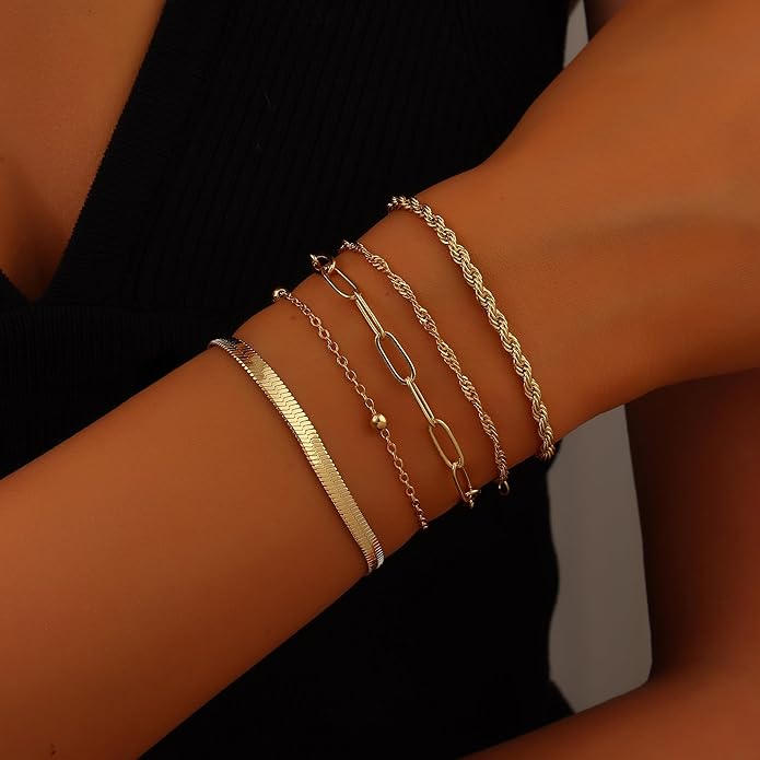 Gold Bracelets for Women, 18K Gold Plated Dainty Paperclip Link Chain Bracelets Thin Cute Stackable Bracelet Pack Fashion Accessories Gifts for Women