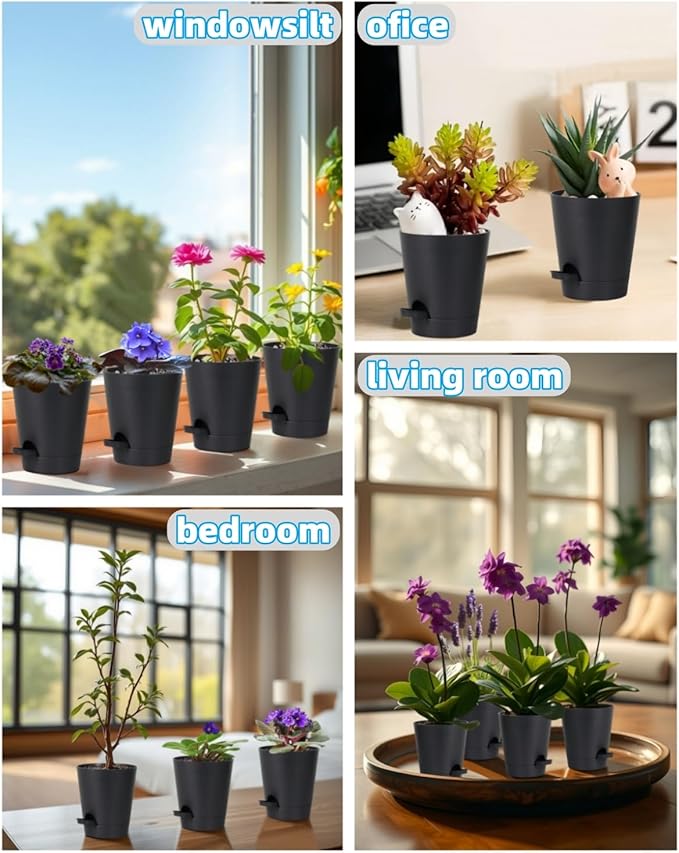 12 Pack 4 Inch Self Watering Plant Pots with Drainage and Saucers，Plastic Flower Pots for Indoor and Outdoor Plants, Nursery Planters for Houseplants and Herbs Black, 4 inch 12pcs-VerdiqueGarden