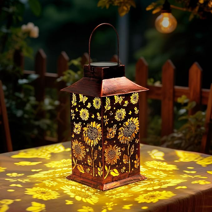Homemory Sunflower Solar Lanterns Waterproof, Metal Hanging Hollowed-Out Metal Decor Lantern, LED Outdoor Decoration for Outside LED Lanternse for Yard, Backyard, Porch, Lawn-VerdiqueGarden