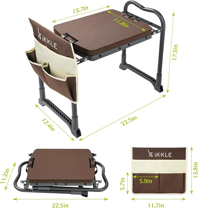ikkle Garden Kneeler and Seat Gardening Stool Kneeler Folding Gardening Bench with Thicker Detachable Kneeling Pad and Tool Store Pouches (Brown)-VerdiqueGarden