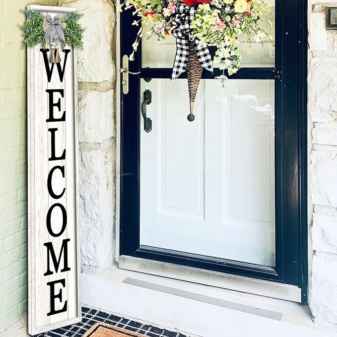 Welcome Sign for Front porch Standing 45"X9"Large Wood Frame Outdoor Tall Welcome Signs Vertical Decor for Farmhouse Rustic Home Modern Outside Front Door Wall Decorations (White)-VerdiqueGarden