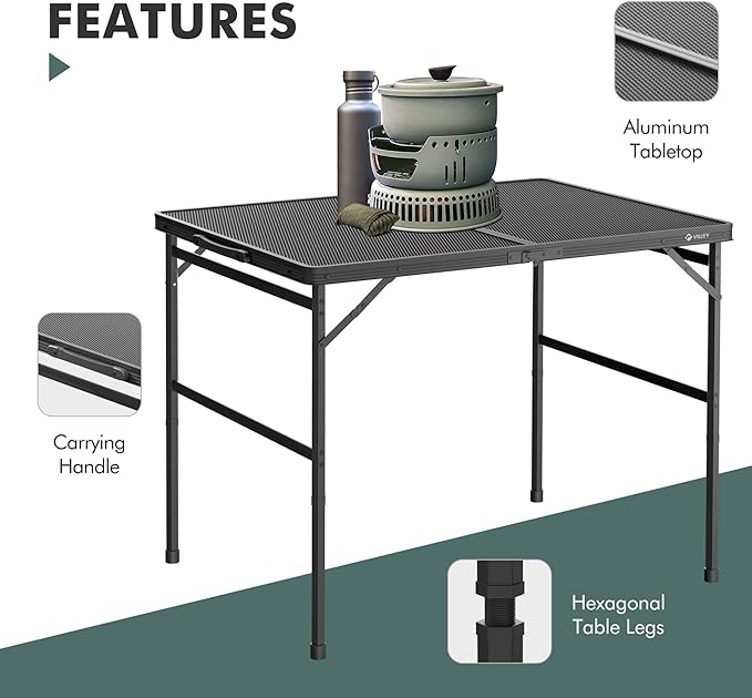 VILLEY Grill Table, 3ft Folding Camping Table with Aluminum Adjustable Legs, Portable Lightweight Camp Table for Beach Picnics and Outdoor Cooking-VerdiqueGarden