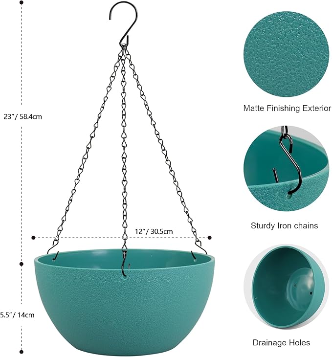 12 inch Large Hanging Planters for Indoor Outdoor Plants, 2 Pack Hanging Flower Plant Pots with Drainage Holes and Chain for Garden Porch, Plastic Hanging Baskets for House Plants, Blue Green-VerdiqueGarden