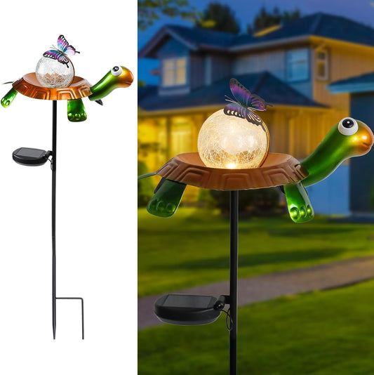 Afirst Solar Lights Outdoor Decorative Metal Turtle Crackle Glass Globe with Butterfly Warm White LED Metal Waterproof Garden Stake Lights for Walkway Pathway Lawn Patio Yard Decorations-VerdiqueGarden