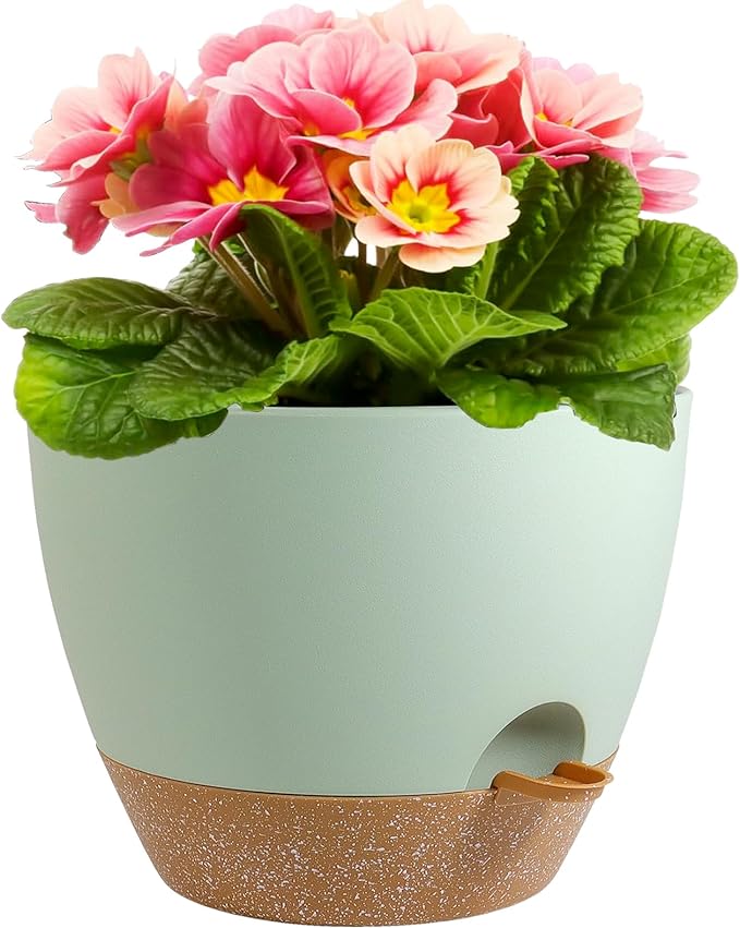 12 inch Large Self Watering Pots, Plant Pots with Mesh Drainage Holes for Indoor Outdoor Plants, Plastic Planters with Deep Reservoir for Garden House Flower Plants, Green with Brown-VerdiqueGarden