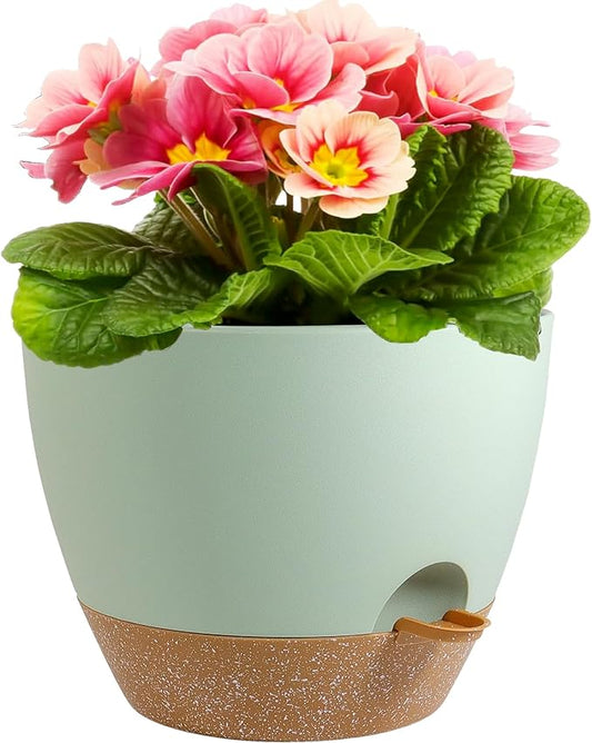 12 inch Large Self Watering Pots, Plant Pots with Mesh Drainage Holes for Indoor Outdoor Plants, Plastic Planters with Deep Reservoir for Garden House Flower Plants, Green with Brown-VerdiqueGarden