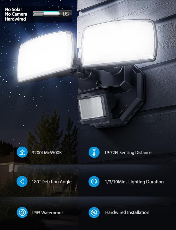 Onforu 32W 2 Head Motion Sensor Outdoor Lights, 3200LM 6500K LED Security Light, Dusk to Dawn, Motion Detector Light for Outside, IP65 Waterproof Flood Lights for Garage, Yard(Black)-VerdiqueGarden