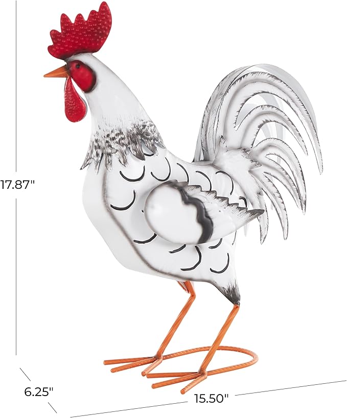 Deco 79 Metal Rooster Decorative Garden Sculpture Garden Statue with Black and Red Accents, Outdoor Sculpture 6" x 16" x 18", White-VerdiqueGarden