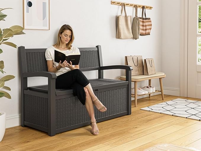 80 Gallon Outdoor Storage Box, Resin Patio Furniture with Armrest, Lockable Deck Box with Waterproof and UV Resistant for Patio Cushions, Garden Tools and Pool Supplies, Black-VerdiqueGarden