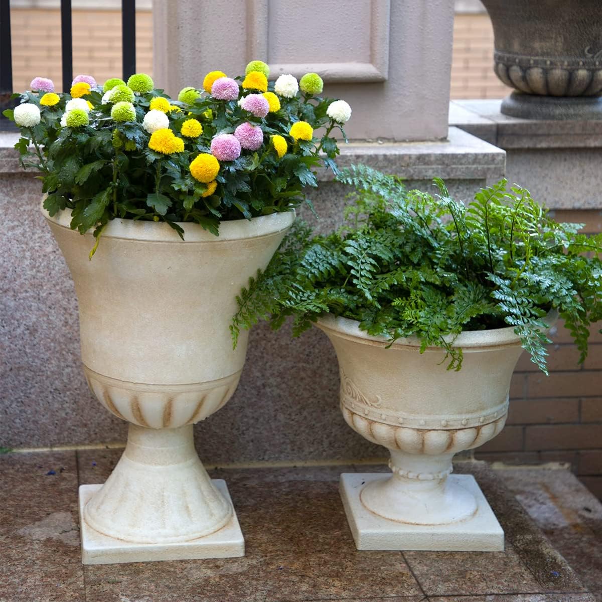 Worth Garden Plastic Urn Planters for Outdoor Plants, Tree 22'' Tall 2 Pack Round Classic Resin Flower Pots Indoor Beige Traditional Front Porch 15 in Dia. Large Imitation Stone Decorative Patio Deck-VerdiqueGarden