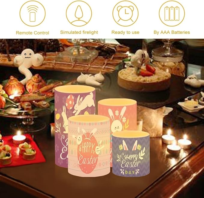 Happy Easter Flameless LED Battery Candles 4PCS Pillar Candles with 18-Key Timer Remote Color Changing Lights for Easter Party Day Celebration Decor, Cute Floral Bunny Rabbit-VerdiqueGarden