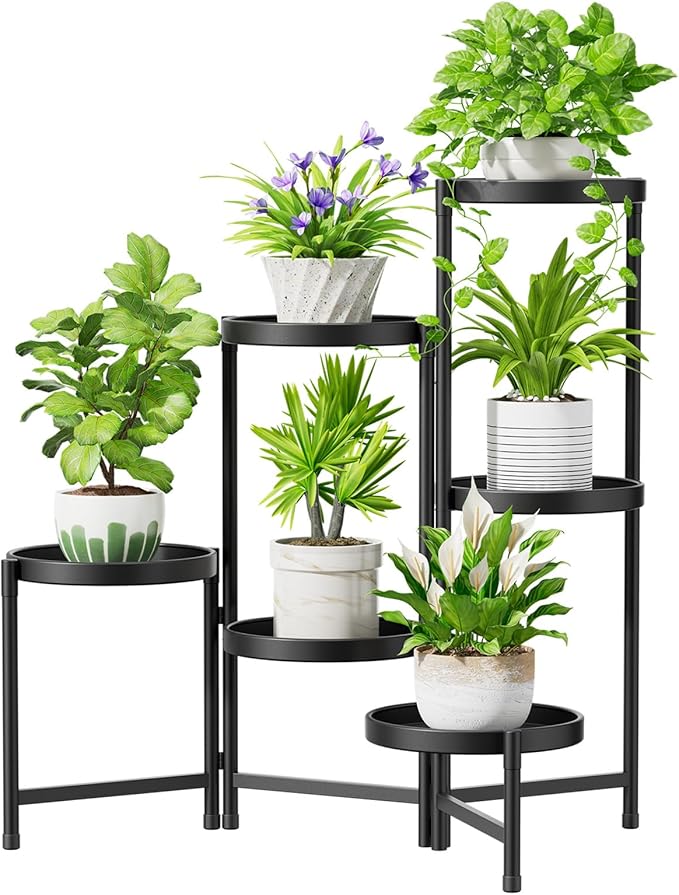 iDavosic.ly 6 Tier Large Plant Stand Indoor with 10 Inch Wide Tray, Tiered Corner Metal Outdoor Flower Display Holder Shelf, Folding Tall Rack for Patio Porch Living Room, Modern Black-VerdiqueGarden