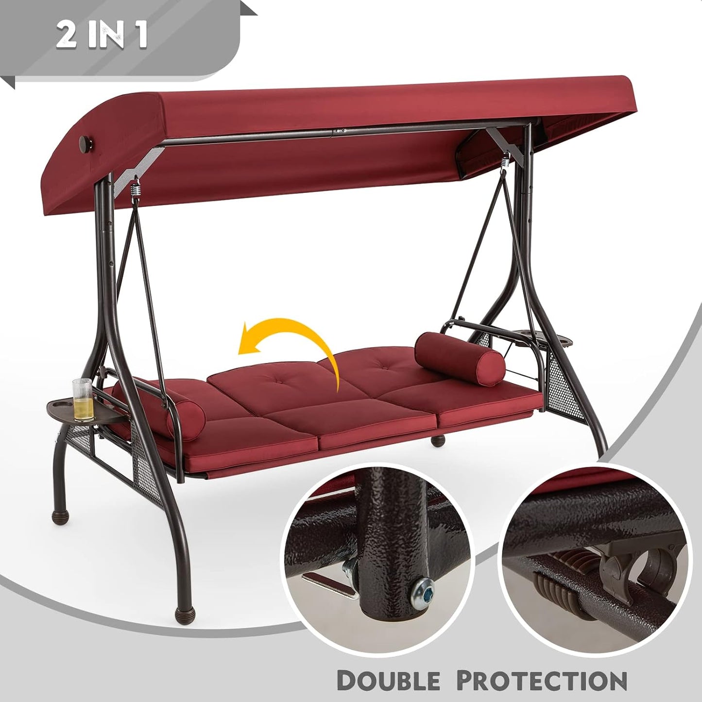 HOMREST 3 Seat Outdoor Porch Swing with Adjustable Canopy, Convertible Patio Swing Bed with Stand, Patio Glider Swing with Upgraded Cup Holder, Thicken Cushions ＆ Pillow for Backyard (Wine Red)-VerdiqueGarden