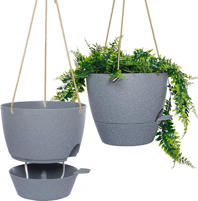 10 Inch Self Watering Hanging Pots, 2 Pack Hanging Planters with 40oZ Deep Reservior for Indoor Outdoor Plants Flowers, Grey-VerdiqueGarden