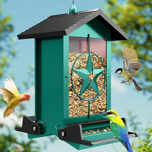 Squirrel Proof Bird Feeder for Outdoors Hanging, Metal Wild Bird Seed Feeder with Bilateral Weight-Activated Perches, 5LB Large Capacity Wild Bird Feeders for Outside Finch, Cardinal, Blue Jay-VerdiqueGarden