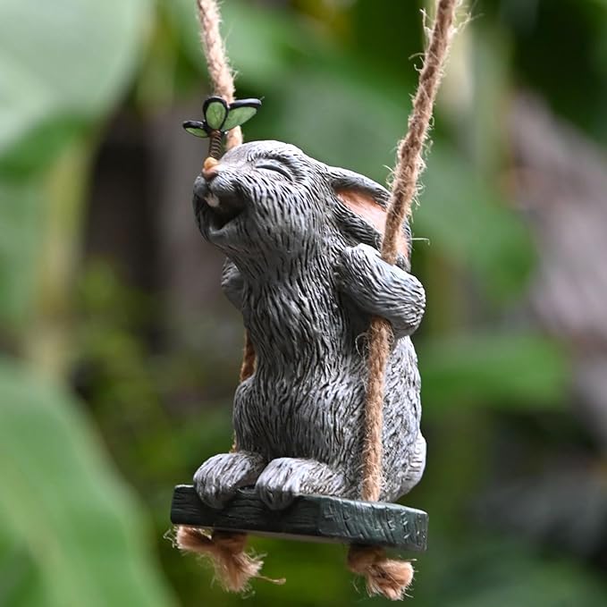 OwMell Garden Rabbit Statues, Cute Swing Bunny with Butterfly Statue Decoration for Yard Hanging Outdoor, Tree Ornaments Figurine for Stump Branch Lawn Patio Decor-VerdiqueGarden