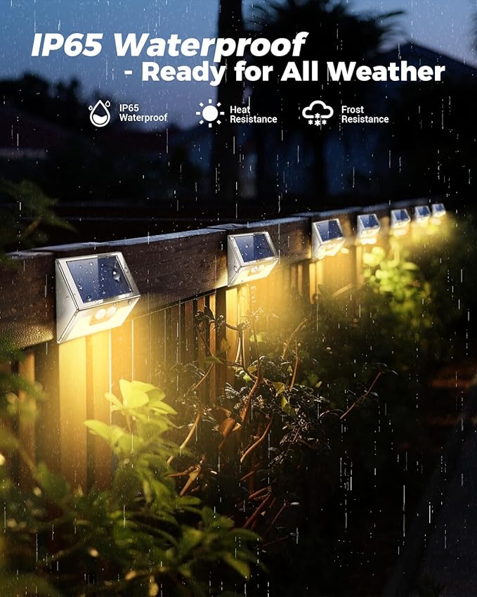 4 Pack Solar Lights Outdoor Motion Sensor, Waterproof Fence Lights 3 Lighting Mode, Warm White LED Outside Light Wireless for Fence Wall Yard Steps Stairs Garden -Stainless Steel-VerdiqueGarden