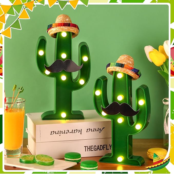 12 Pcs Cinco de Mayo LED Cactus Light with Mini Sombrero Straw Hats and Fake Beard Cinco De Mayo Table Decor Mexican Party Supplies for Table Room Bedroom Party Decoration (4.72 x 2.76 Inch)-VerdiqueGarden